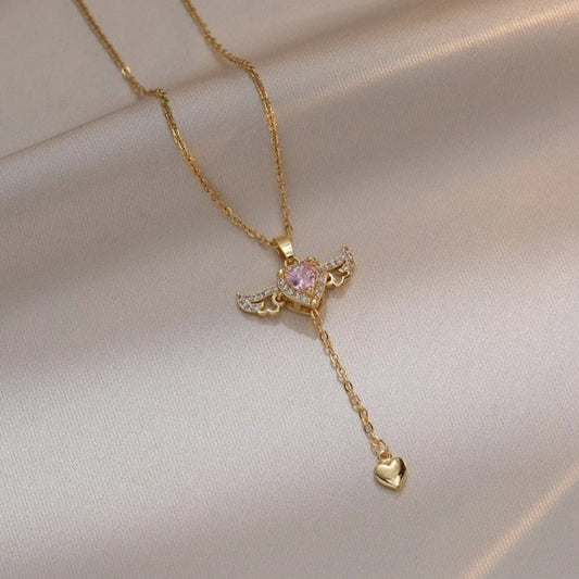 Kalp Detaylı Melek Kanadı Kolye Gold Pembe Zirkon